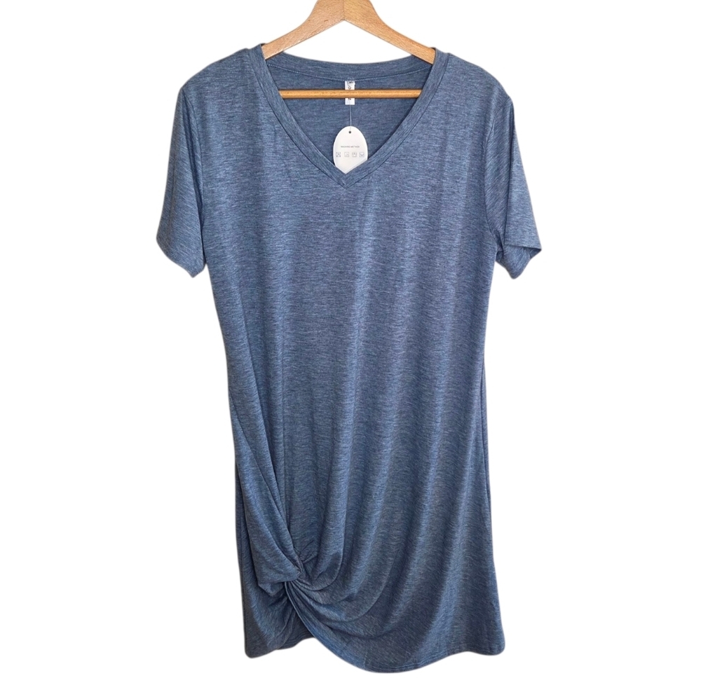 NWT Locryz | Heathered Blue V-neck Short Sleeve Knotted T-Shirt Dress Size XL